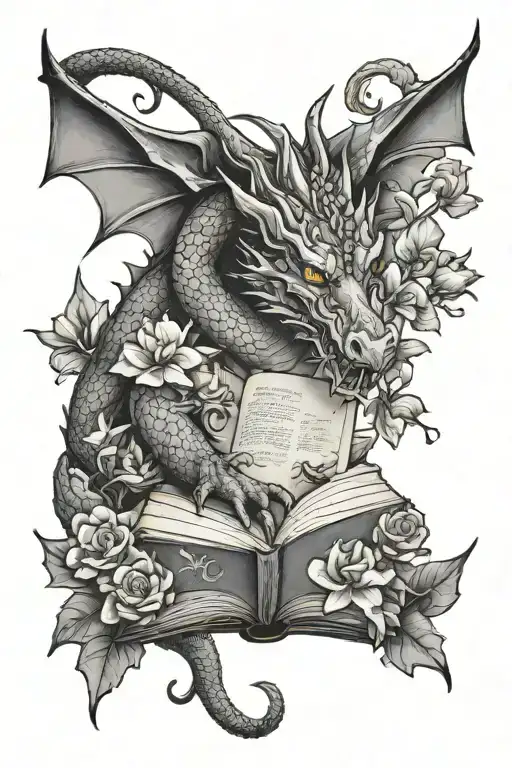 dragon, flowers, book open book tattoo design idea