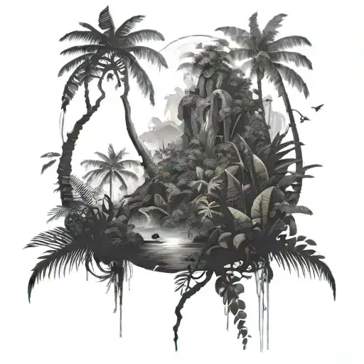A mystical jungle scene inspired by the rainforests of French Guyana, with hidden science-fiction elements tattoo design idea