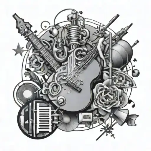 An abstract representation of the teacher's passion for science and music, combining elements from French Guyana, Cambodia, and Costa Rica in a black-grey style tattoo design idea