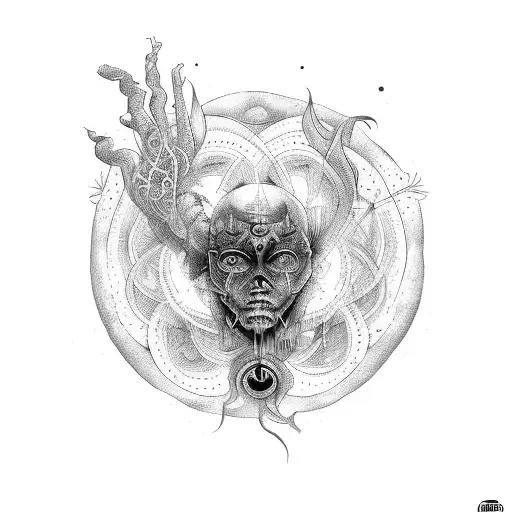 A psychedelic tattoo inspired by Psytrance music, incorporating elements of history and science tattoo design idea