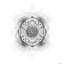 A psychedelic tattoo inspired by Psytrance music, incorporating elements of history and science tattoo design idea