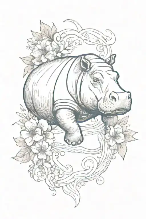 A sketch tattoo of a hippo swimming in the ocean, surrounded by colorful flowers and waves tattoo design idea