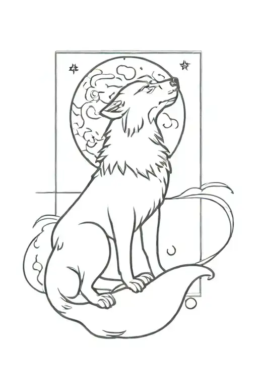 A tattoo design of a wolf howling at the moon surrounded by underwater sea creatures to represent your love for animals and the ocean tattoo design idea