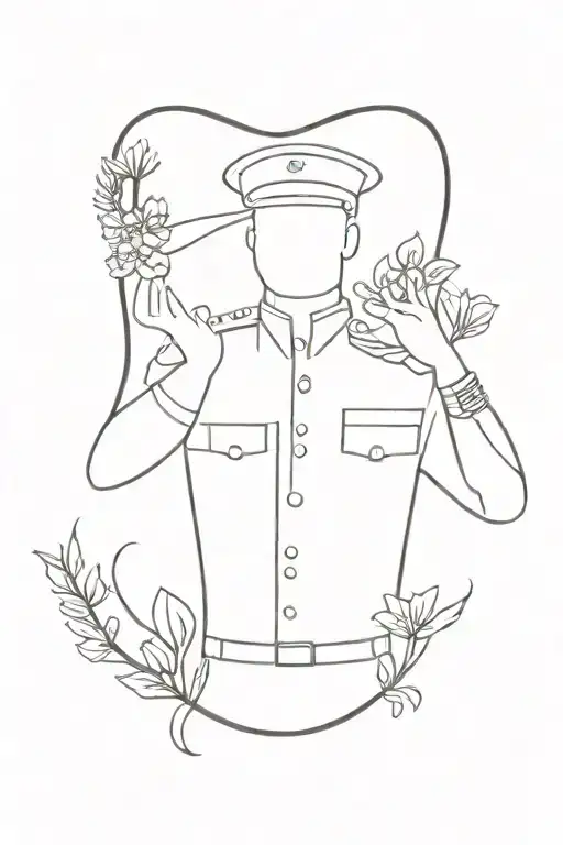 A tattoo design of a veteran saluting in front of a field of blooming flowers to honor your service and love for nature tattoo design idea