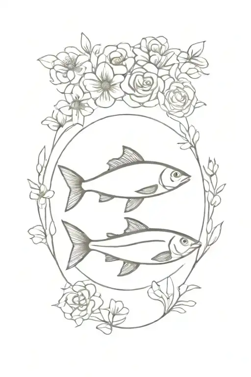 A tattoo design of a delicious food dish surrounded by blooming flowers and swimming fish to showcase your passion for food and ocean life tattoo design idea