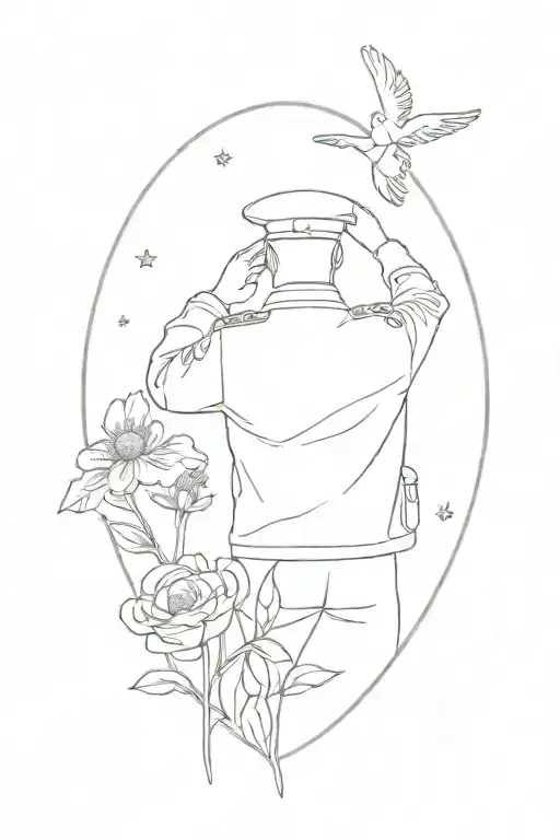 A tattoo design of a veteran saluting in front of a field of blooming flowers to honor your service and love for nature tattoo design idea