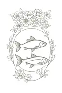 A tattoo design of a delicious food dish surrounded by blooming flowers and swimming fish to showcase your passion for food and ocean life tattoo design idea