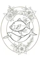 A tattoo design of a delicious food dish surrounded by blooming flowers and swimming fish to showcase your passion for food and ocean life tattoo design idea