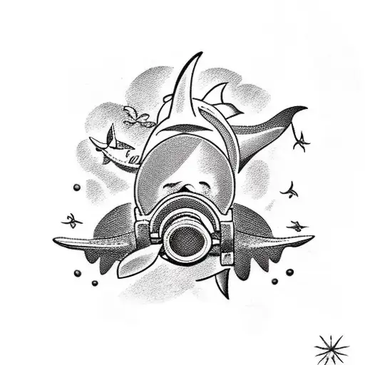 old school scuba diver with shark tattoo design idea