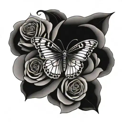 black and white heart butterfly and rose tattoo  tattoo design idea