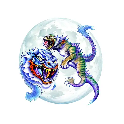 tiger fights dragon under the moon tattoo design idea