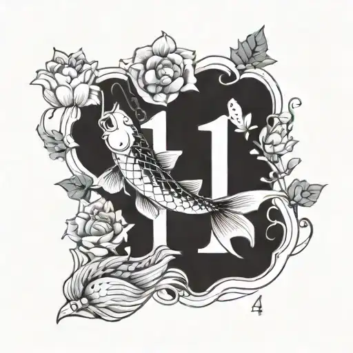 A koi fish with a lotus flower with the numbers 444 and 11:11 incorporated in the design with Virgo and Gemini zodiac  tattoo design idea