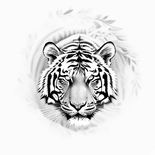 A majestic tiger surrounded by a wreath of family names tattoo design idea