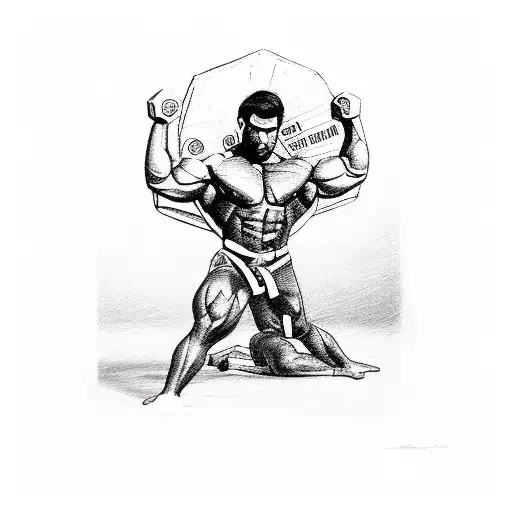 A detailed sketch of a bodybuilder performing a jiu-jitsu move, representing the combination of strength and technique tattoo design idea