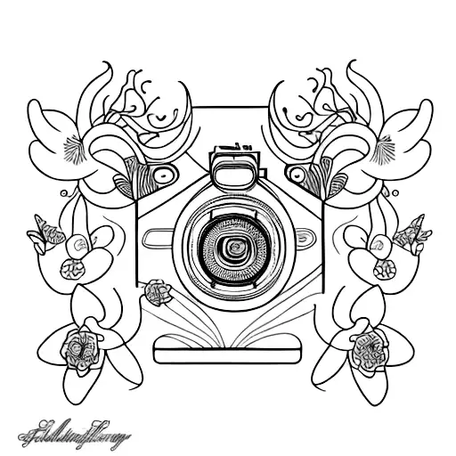 A mesmerizing blackwork design of a vintage camera surrounded by delicate tiger lilies and orchids tattoo design idea