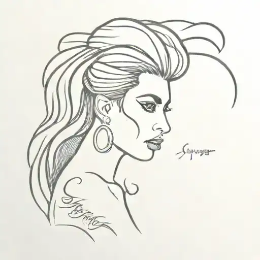 tattoo template of a simple amy winehouse outline tattoo with the words "stronger than me" and music notes around tattoo design idea