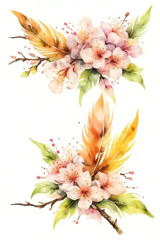 feather and cherryblossoms tattoo design idea