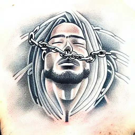 man chained to the ground looking up at the sky tattoo design idea