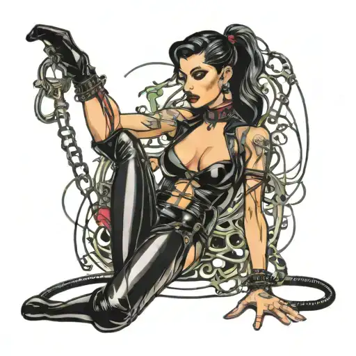 Woman in bondage and latex clad dominatrix tattoo design idea
