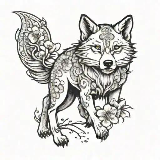 moon wolf and cherry blossom Japanese style black and white tattoo  tattoo design idea