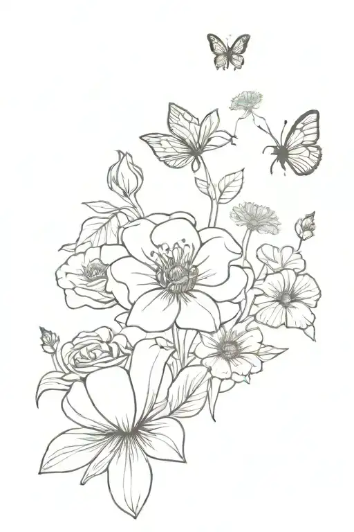 October and april birth flower bouquet, with butterflies at the top, and a snail and  mushrooms at the bottom tattoo design idea