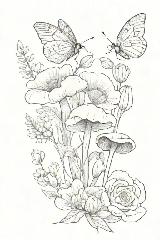 October and april birth flower bouquet, with butterflies, a snail, and mushrooms for scenery tattoo design idea