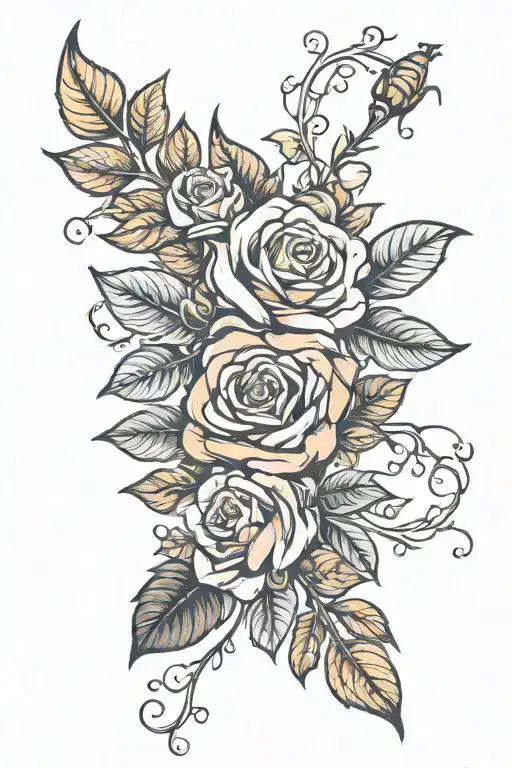 roses, honeysuckle, leaves, small and narrow tattoo design idea