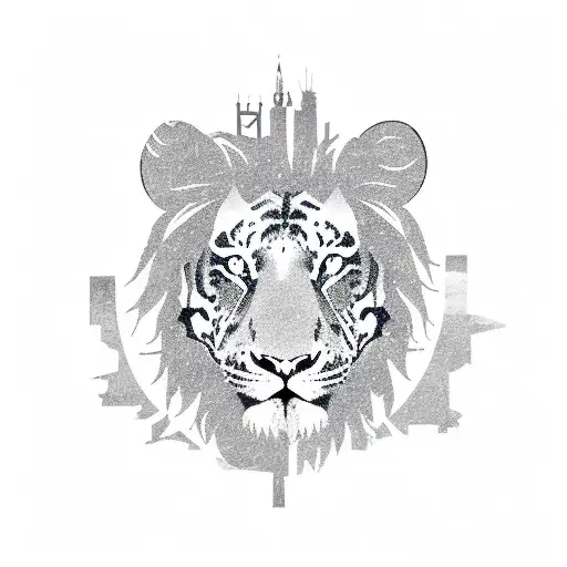 A skyline of Savannah Ga. with a silhouette of a lion and tiger in the foreground, paying homage to the favorite city and favorite animals tattoo design idea