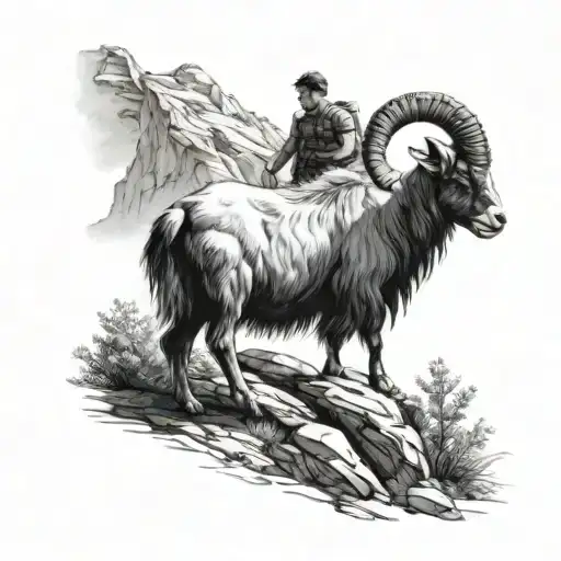 A student studying in a serene mountain landscape with a goat companion tattoo design idea