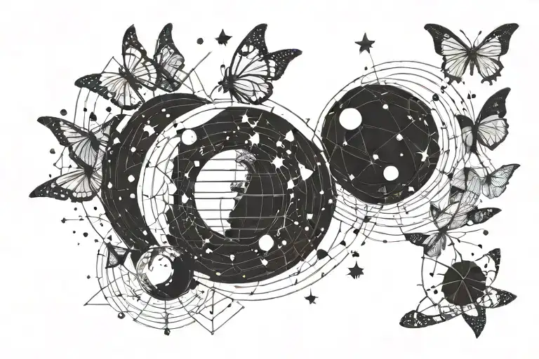 universe with planets, a planet larger than the others, very small and delicate stars and butterflies tattoo design idea