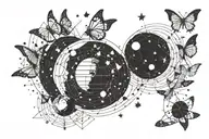 universe with planets, a planet larger than the others, very small and delicate stars and butterflies tattoo design idea
