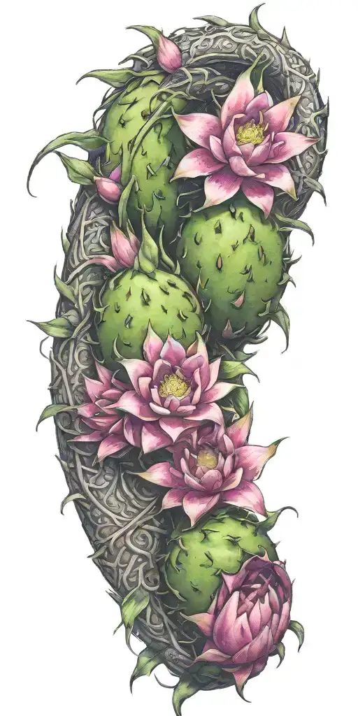 dragon fruit plant with plumeria flowers and a dragon wrapped throughout  tattoo design idea