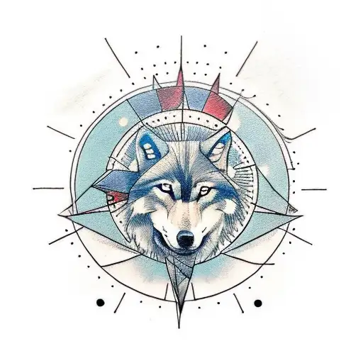  wolf with half compass in the back and arrows downside of the wolf tattoo design idea