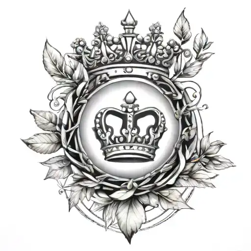 Crown over a M circled with olive tree leafs tattoo design idea