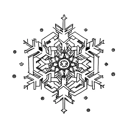 A minimalist tattoo of a snowflake surrounded by symbols representing personal growth tattoo design idea