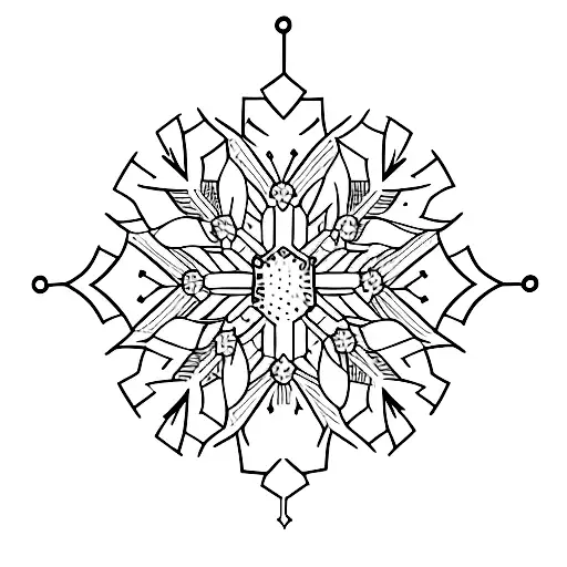 A minimalist tattoo of a snowflake surrounded by symbols representing personal growth tattoo design idea