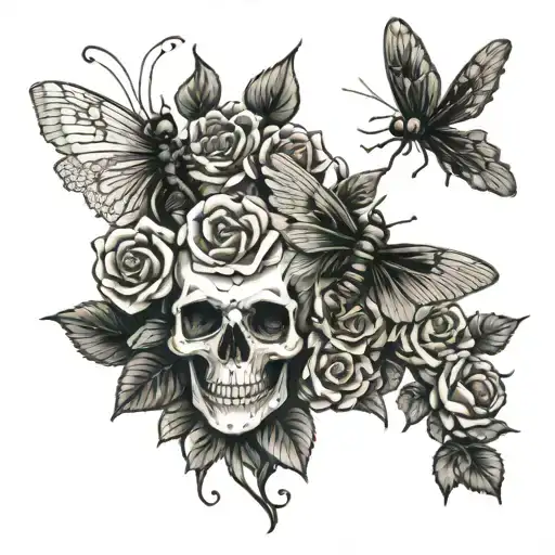 skulls stacked roses growing and dragonfly in flight tattoo design idea