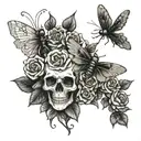 skulls stacked roses growing and dragonfly in flight tattoo design idea