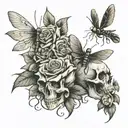skulls stacked roses growing and dragonfly in flight tattoo design idea