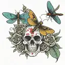 skulls stacked roses growing and dragonfly in flight tattoo design idea