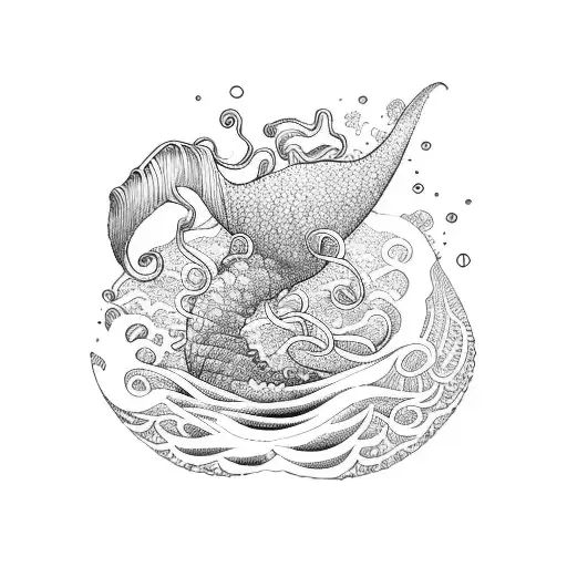 an ocean sleeve with mermaid, jellyfish, octopus and a wave with a surfer tattoo design idea