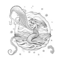 an ocean sleeve with mermaid, jellyfish, octopus and a wave with a surfer tattoo design idea