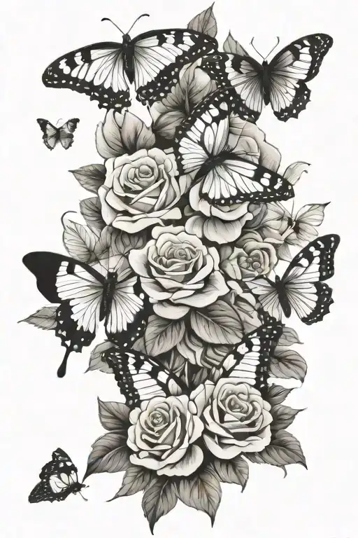 4 butterflies and roses tattoo design idea