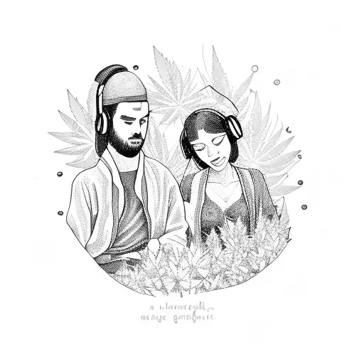 A dotwork tattoo of a serene couple sitting under a cannabis tree, listening to music and surrounded by jiu jitsu belts. tattoo design idea