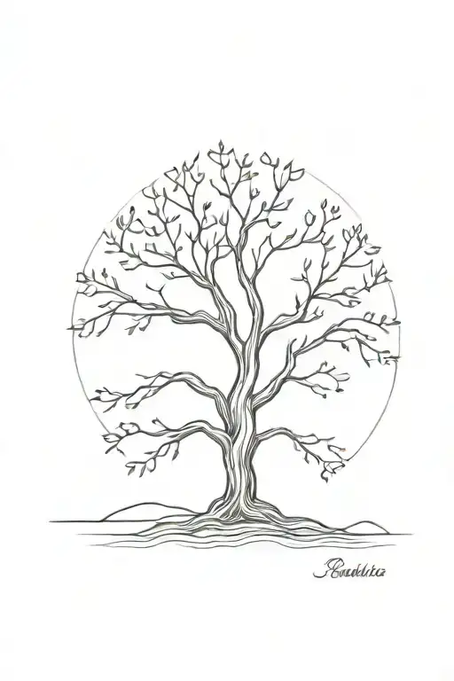 A minimalist design of a majestic tree symbolizing the strong roots of your family and the branches reaching towards the heavens in honor of God tattoo design idea