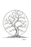 A minimalist design of a majestic tree symbolizing the strong roots of your family and the branches reaching towards the heavens in honor of God tattoo design idea