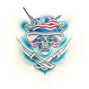 Create a traditional American-style tattoo design for the front of the right forearm, merging a man's alter ego tattoo design idea