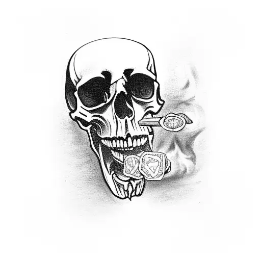 A skull smoking a cigar with playing cards as its teeth tattoo design idea