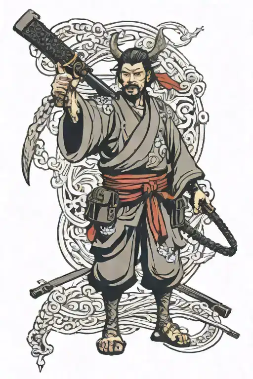 samurai standing with guns money drugs tattoo design idea