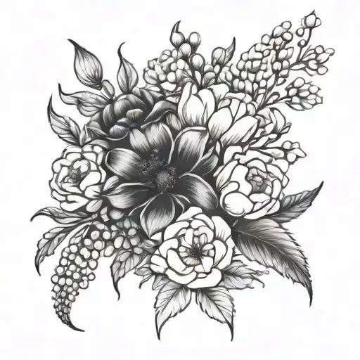 January, April, October, july birth flower bouquet line tattoo  tattoo design idea